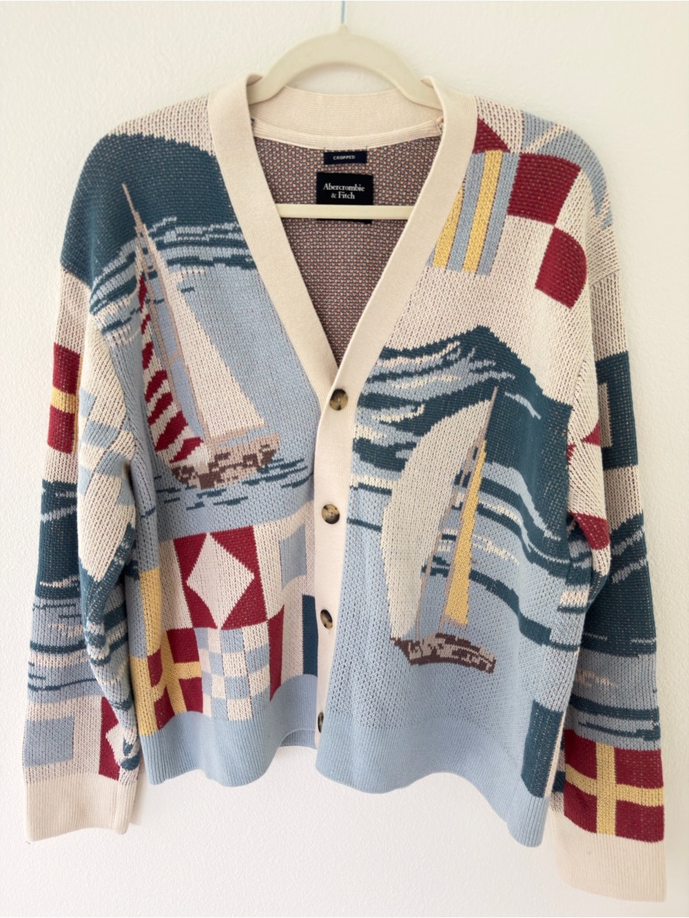 Abercrombie & Fitch Mens Cropped Patchwork Cardigan Sweater Nautical Grandpacore